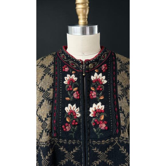 Icelandic Designs Brown Black Floral Embroidered Scandigirl Wool Knit Sweater - Picture 9 of 12